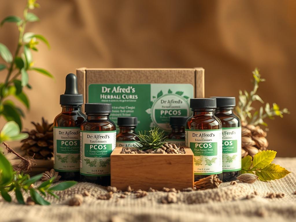 A close-up shot of a beautifully arranged combo package of Dr Afred's PCOS herbal cure. The package should be displayed in a natural setting with a soft, earthy background that enhances the herbal theme. The combo package should include various herbal bottles and a small wooden box, all in vibrant green and earthy tones, showcasing the natural ingredients. The lighting should be warm and inviting, emphasizing the quality of the products.