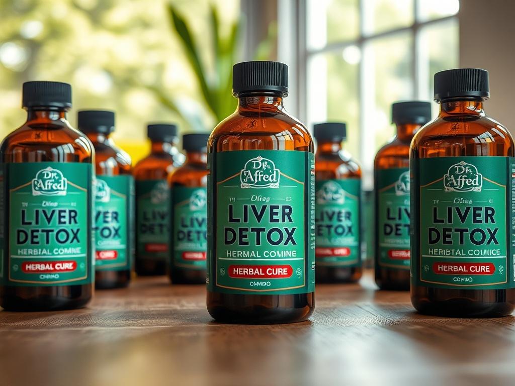 A high-resolution close-up shot of a collection of herbal bottles labeled as 'Dr Afred Liver Detox Herbal Cure Products Combo'. The bottles should be arranged aesthetically on a wooden table with natural light illuminating them. The background should be softly blurred, highlighting the vibrant green of the labels and the earthy tones of the wooden surface.