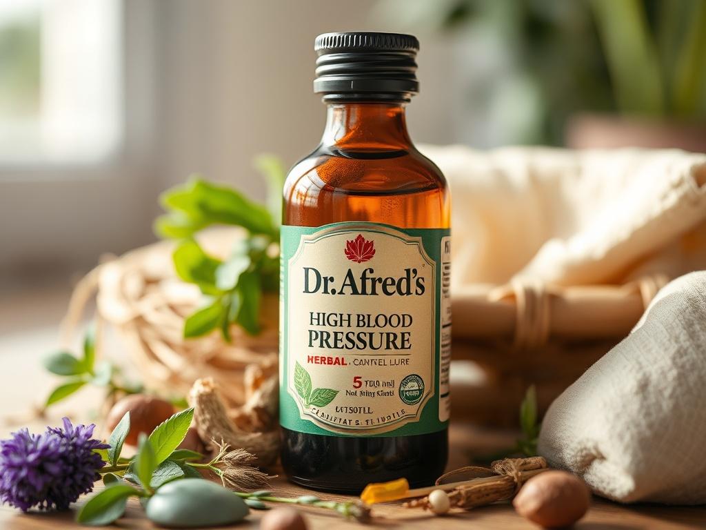 A close-up shot of a 60cl bottle of Dr Afred's high blood pressure herbal cure. The bottle should have an elegant design, showcasing the product label with natural herbs in the background. The setting should be bright and inviting, emphasizing the herbal ingredients, with soft natural light enhancing the colors and textures of the bottle and herbs.