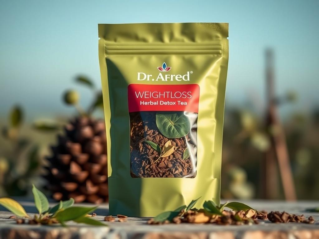 A close-up shot of a bag of Dr. Afred Weightloss Herbal Detox Tea, beautifully presented against a simple, natural background. The bag should be depicted in a way that highlights its vibrant, eye-catching design, with an emphasis on the herbal ingredients visible through a transparent window. The focus should be sharp, showcasing the texture and quality of the tea leaves, while maintaining a clean aesthetic that complements the earthy tones of the product.