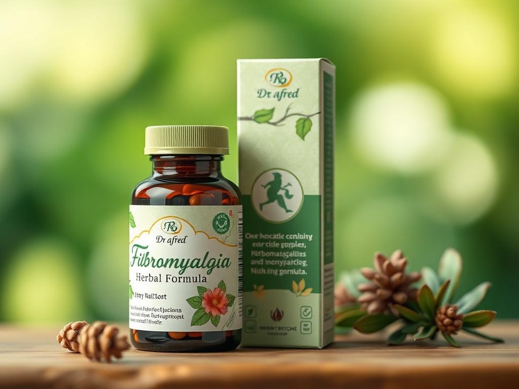 A hyper-realistic close-up shot of Dr Afred Fibromyalgia Herbal Formula combo package. The packaging is elegantly designed with natural herbal motifs and a soothing color palette. The background is a soft, blurred green that hints at natural elements, creating an inviting and calming atmosphere. The focus is sharp on the product, showcasing the details of the packaging and any labels or logos present.