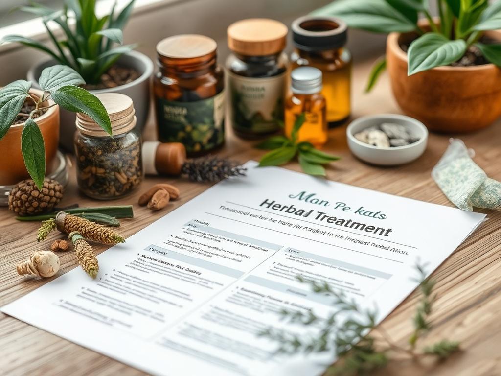 A close-up shot of an herbal treatment plan document on a wooden table, surrounded by various herbal products. The setting is calm and natural, with plants and soft lighting, emphasizing a holistic approach to health.