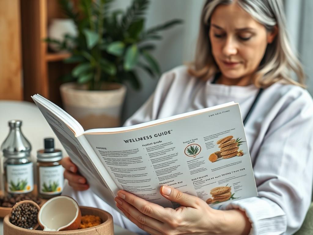 A serene image showing a patient reading a wellness guide, surrounded by herbal products and healthy foods. The setting reflects tranquility and balance, with soft colors and natural elements that promote a sense of peace.
