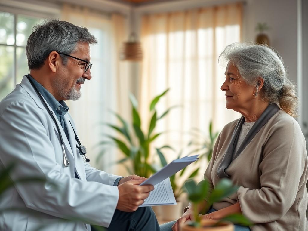 A caring herbal doctor conducting a follow-up session with a patient in a tranquil setting. The doctor is reviewing notes while the patient shares their experiences. The atmosphere is peaceful, filled with natural light and plants.