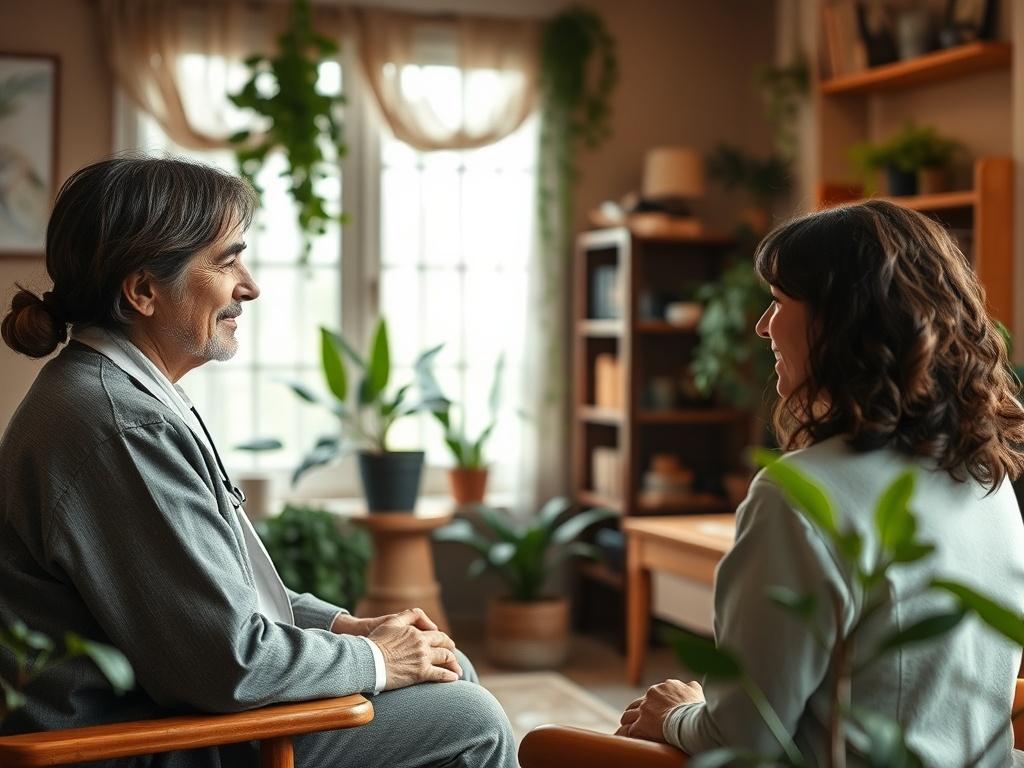 A warm, inviting consultation room with a holistic herbal doctor speaking with a patient. The environment is cozy, with natural elements like plants and wooden furniture, creating a serene atmosphere. The doctor is attentively listening, demonstrating care and professionalism.