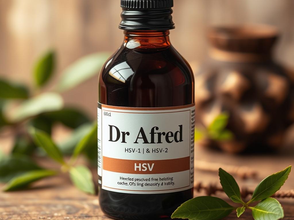 A close-up shot of a 60cl bottle of herbal cure labeled 'Dr Afred HSV-1 & HSV-2.' The bottle is made of dark glass, showcasing its elegant design with a sleek, modern label. The background is softly blurred to emphasize the bottle, featuring natural elements like green leaves or herbs that suggest its herbal properties. The lighting is warm and inviting, highlighting the rich color of the liquid inside. The overall composition is simple and clear, focusing solely on the bottle.
