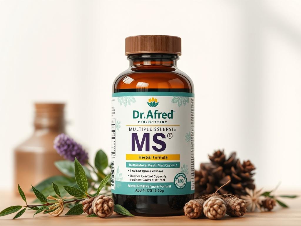 A realistic high-resolution photo of a large bottle of Dr Afred Multiple Sclerosis (MS) herbal formula. The bottle should be prominently displayed in the center of the image, showcasing its natural herbal ingredients. The background should be simple and clean, emphasizing the bottle, with soft natural lighting to highlight the product's details. The composition should focus on creating an inviting and calming atmosphere, suitable for a holistic health product, with a close-up shot that captures the essence 
