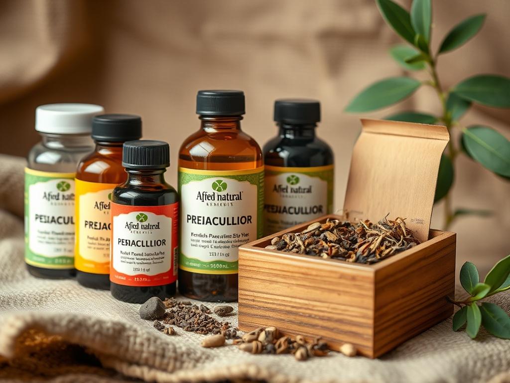 A close-up shot of a beautifully arranged herbal combo package designed for treating premature ejaculation and erectile dysfunction. The package includes various herbal bottles with vibrant labels, a small wooden box containing an assortment of dried herbs, and a rustic cloth backdrop that emphasizes nature. The product should be inviting and professional, showcasing the natural elements and holistic approach of Afred Natural Remedies.