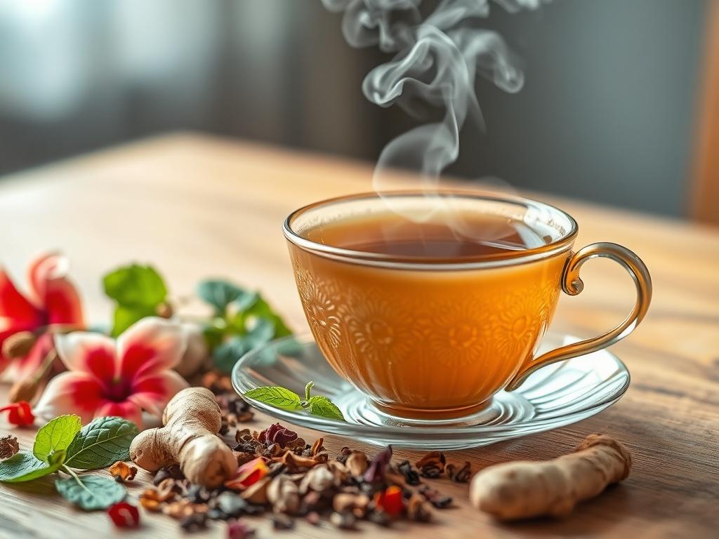A close-up shot of a steaming cup of herbal tea on a wooden table, surrounded by dried herbs and flowers like hibiscus, mint, and ginger. The tea cup is beautifully crafted, with a delicate design. The background is softly blurred to focus on the tea and its components.