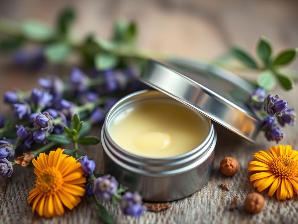 A close-up shot of a small tin of herbal balm, partially open to show the creamy texture inside. The tin is surrounded by fresh herbs such as calendula and lavender, with a soft, natural background that emphasizes the soothing nature of the balm.