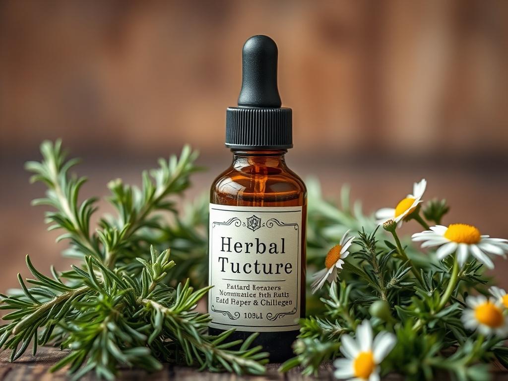A close-up shot of a herbal tincture bottle with a dropper, surrounded by fresh herbs like rosemary, thyme, and chamomile. The background is softly blurred, emphasizing the bottle, which is elegantly labeled. The lighting is warm and natural, highlighting the green hues of the herbs.