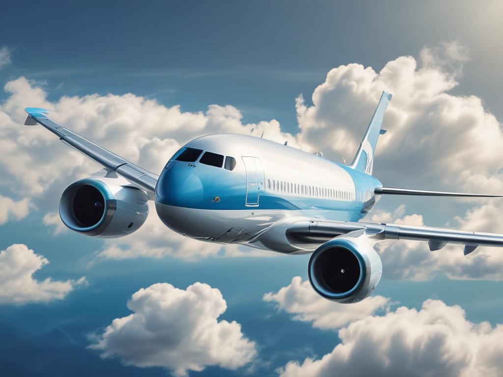 A hyper-realistic close-up shot of an airplane in flight, showcasing its wings and engines. The background features a clear blue sky with soft clouds. The focus is sharp on the airplane, capturing intricate details of the aircraft design. The color palette includes shades of blue and white, harmonizing with the rgb(40, 93, 225) primary color.