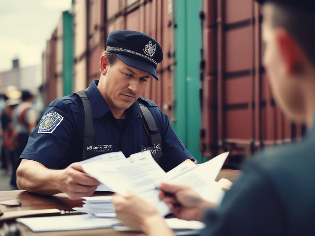 A hyper-realistic close-up shot of a customs officer examining shipping documents at a busy port. The focus is on the officer's hands as they review the paperwork, with shipping containers and cranes blurred in the background. The image conveys a sense of professionalism and diligence in customs operations, using colors that align with the rgb(40, 93, 225) primary color.