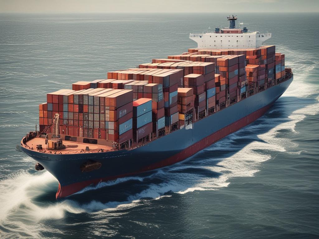 A hyper-realistic close-up shot of a cargo ship loaded with containers, sailing on a calm ocean. The shot captures the ship from the side, highlighting the containers stacked on deck. The background features a serene blue sea and a clear sky, with soft reflections on the water surface. The color scheme aligns with the rgb(40, 93, 225) primary color.