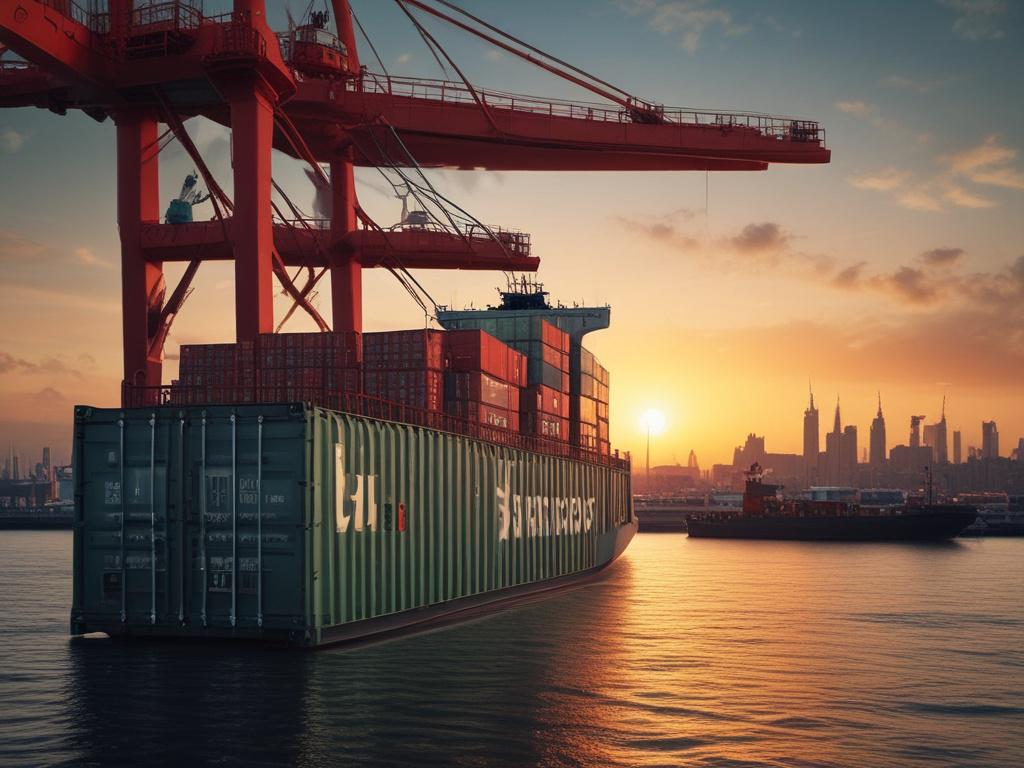 A close-up of a shipping container being loaded onto a cargo ship at sunset, highlighting the intricate details of the container's surface. The background features a bustling port with cranes and other ships softly blurred to emphasize the main subject. The image should be shot with a 45mm f/1.2 lens to create a shallow depth of field, capturing the vibrant colors of the sunset and the rich textures of the shipping container.