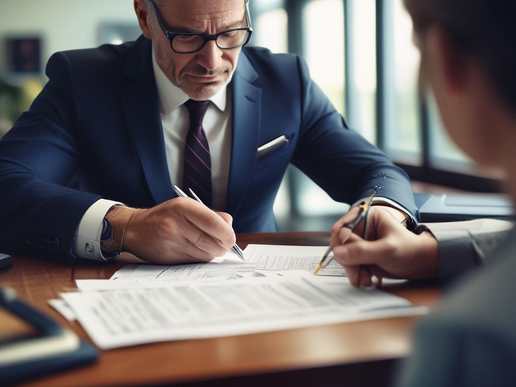 A close-up of a customs broker reviewing documents in an office setting, with a computer and paperwork in the background. The focus should be on the detailed textures of the documents and the expressions of concentration on the broker’s face. Utilize a 45mm f/1.2 lens to create a soft background blur, emphasizing the importance of the paperwork and the professionalism of the brokerage service.