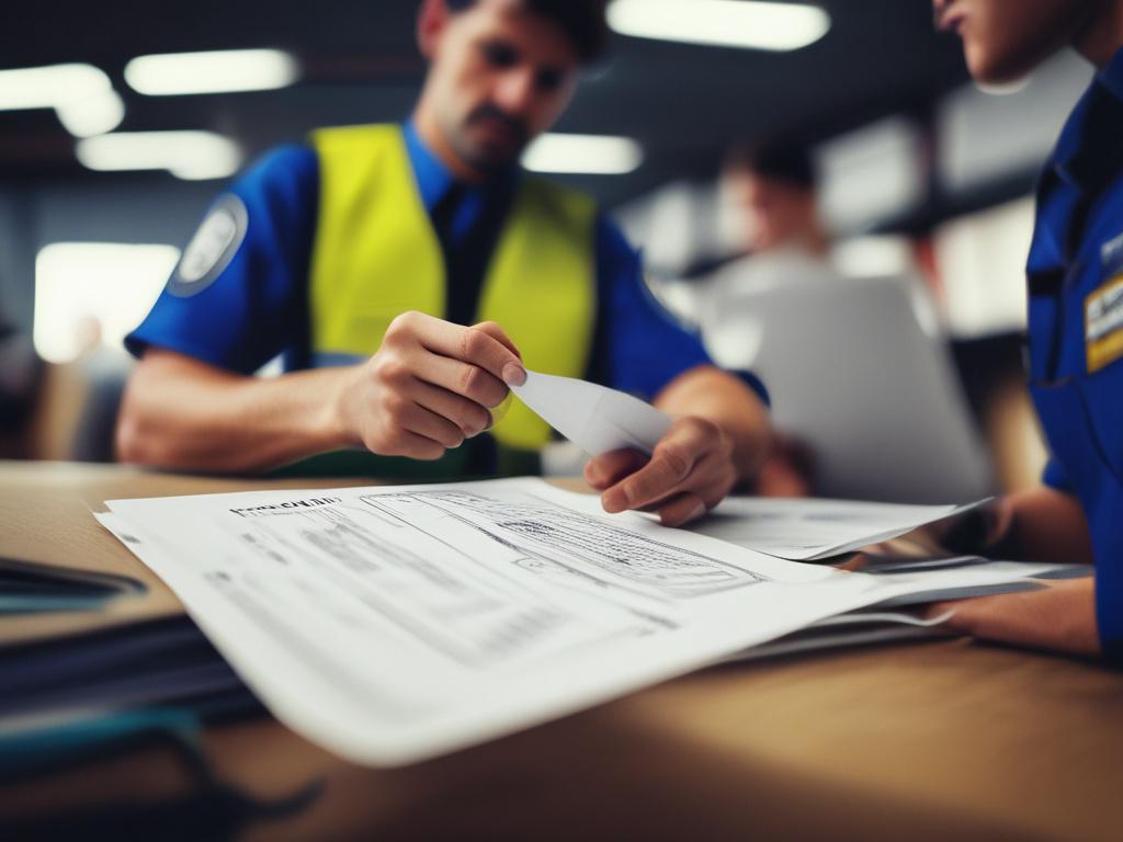 A hyper-realistic close-up shot of a customs officer examining shipping documents at a busy customs office. The focus is on the officer's hands holding the documents, with various shipping containers and equipment slightly blurred in the background. Shot with a 45mm f/1.2 lens to highlight the details of the paperwork and the professional environment.