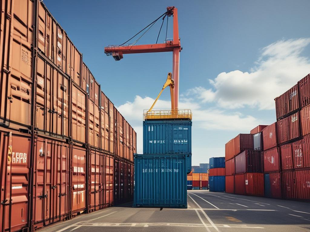 A hyper-realistic close-up shot of a freight container at a busy shipping port, showcasing the vibrant colors of the container against a clear blue sky. The focus is on the details of the container's texture and structure, with cranes and other shipping elements blurred in the background. Shot with a 45mm f/1.2 lens to capture sharp details and vivid colors.
