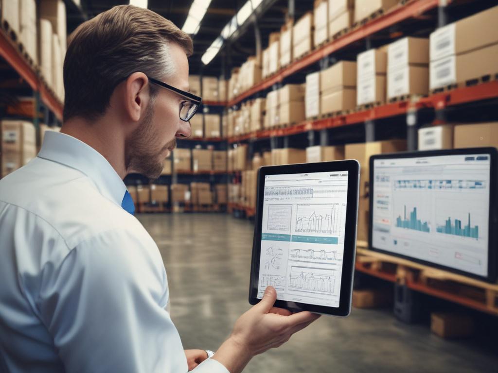 A hyper-realistic close-up shot of a logistics manager analyzing data on a tablet in a modern warehouse. The focus is on the tablet screen displaying graphs and supply chain metrics, with shelves of goods and logistics equipment softly blurred in the background. Shot with a 45mm f/1.2 lens to emphasize the detail on the tablet.