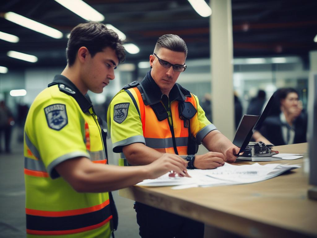 A close-up shot of a customs officer inspecting paperwork and cargo at a border checkpoint, captured with a 45mm f/1.2 lens. The image should highlight the seriousness of the inspection process, with a clear focus on the officer's hands and the documents. The background should be slightly blurred, featuring a border crossing scene, with the primary color rgb(40, 93, 225) subtly integrated into the environment.