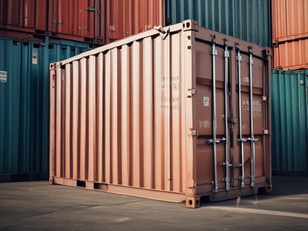 A close-up shot of a freight container filled with cargo, taken with a 45mm f/1.2 lens. The image should emphasize the texture of the container and the cargo within, with a blurred background showcasing a busy port environment. Use vibrant colors, particularly the primary color rgb(40, 93, 225) to create a dynamic and engaging visual.
