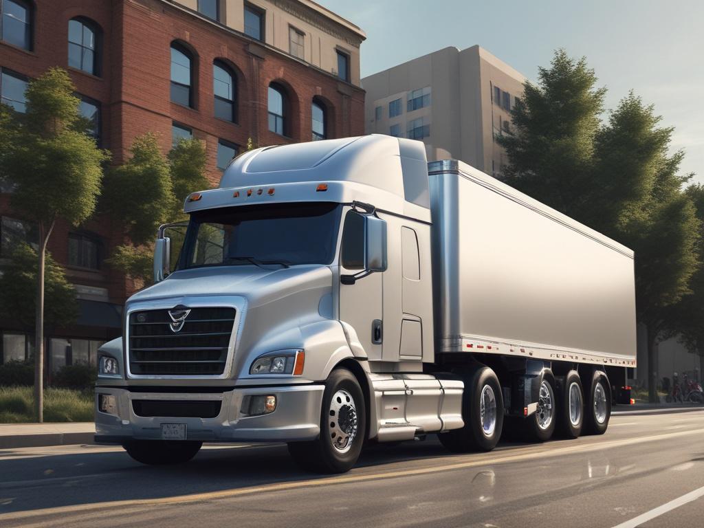 A hyper-realistic close-up shot of a specialized transport truck, showcasing its robust design and unique features. The truck is parked in a clear, open area with a blurred industrial backdrop, emphasizing its functionality. The focus is sharp on the truck's details, such as its wheels and cargo area, while the background gradually fades to create depth. The color scheme should reflect rgb(40, 93, 225), enhancing the visual appeal of the image.