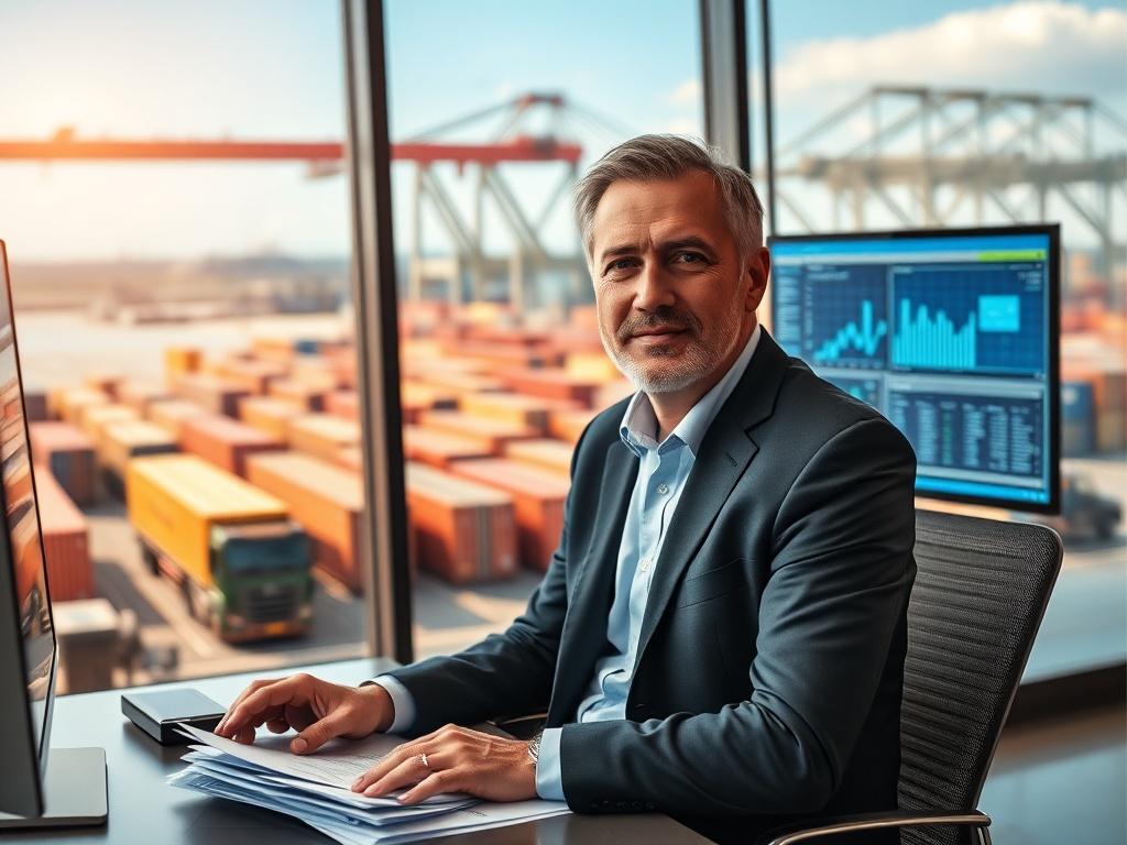 Create a realistic high-resolution image that visually represents the concept of "Understanding Freight Forwarding." The composition should be simple and clear, featuring a single subject—a professional freight forwarder in a modern office environment. The subject, a middle-aged person with a confident demeanor, is seated at a desk, surrounded by shipping documents and a computer displaying a logistics management software interface.

In the background, include a large window showing a bustling shipping yard