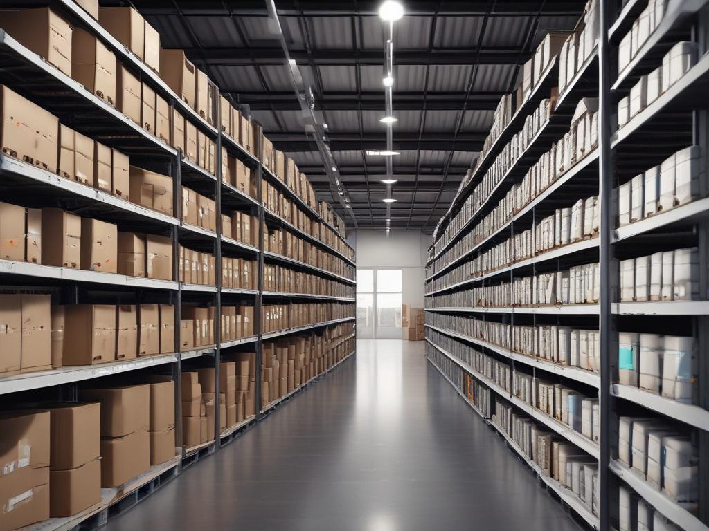 A hyper-realistic close-up of a modern warehouse interior showcasing neatly organized shelves filled with products ready for distribution. The focus is on the products and the organization of the space, with a soft blurred background that highlights the efficiency of the warehouse environment. The lighting should be bright and inviting, emphasizing a clean, professional setting.