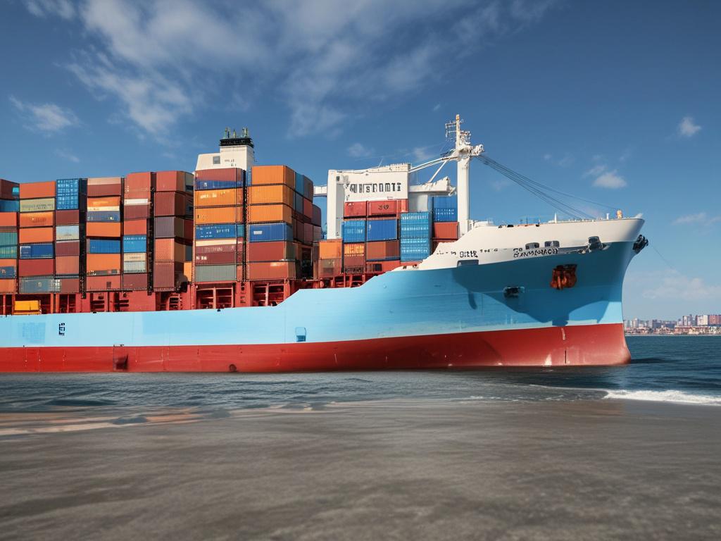 A hyper-realistic close-up shot of a cargo ship loaded with containers, set against a clear blue sky. The focus is sharp on the ship, highlighting the details of the containers and the ship's structure, with a soft blurred background to emphasize the subject. The composition should be simple and clear, showcasing the strength and reliability of global shipping.