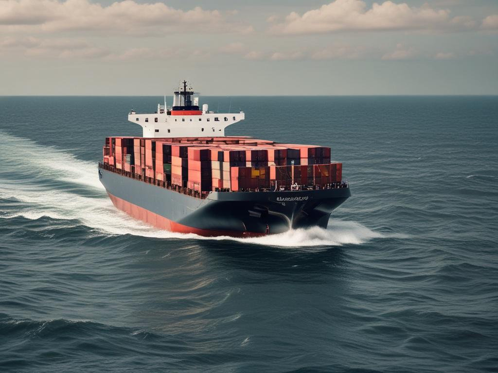 A close-up shot of a cargo ship at sea, filled with containers, highlighting the vastness of ocean freight transportation. The image should focus on the ship with a blurred horizon in the background, featuring the rgb(40, 93, 225) primary color.
