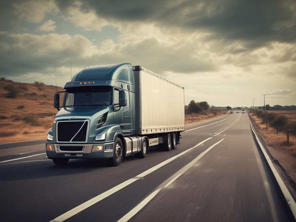 A close-up shot of a truck loaded with cargo on a highway, showcasing the road freight transportation process. The image should focus on the truck with a blurred road background, incorporating the rgb(40, 93, 225) primary color.