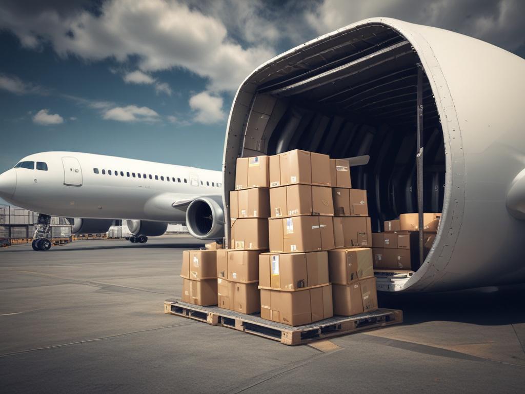 A close-up shot of an airplane cargo hold being loaded with various packages, showcasing the precision and care in the air freight process. The background should be blurred to emphasize the airplane and packages, with a color palette that includes the rgb(40, 93, 225) primary color.