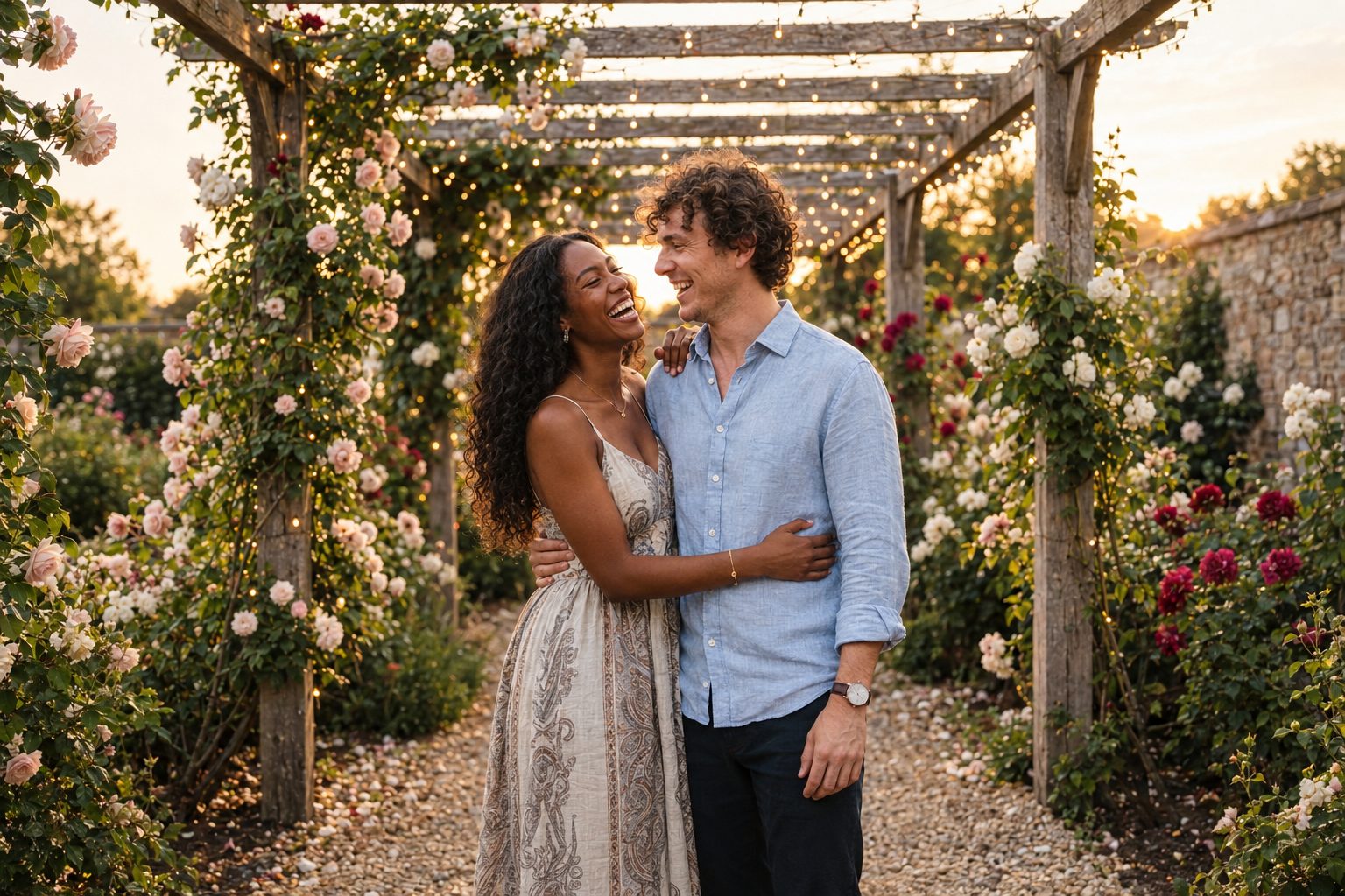Adaeze and Julian laughing together beneath a rose-covered pergola strung with lights