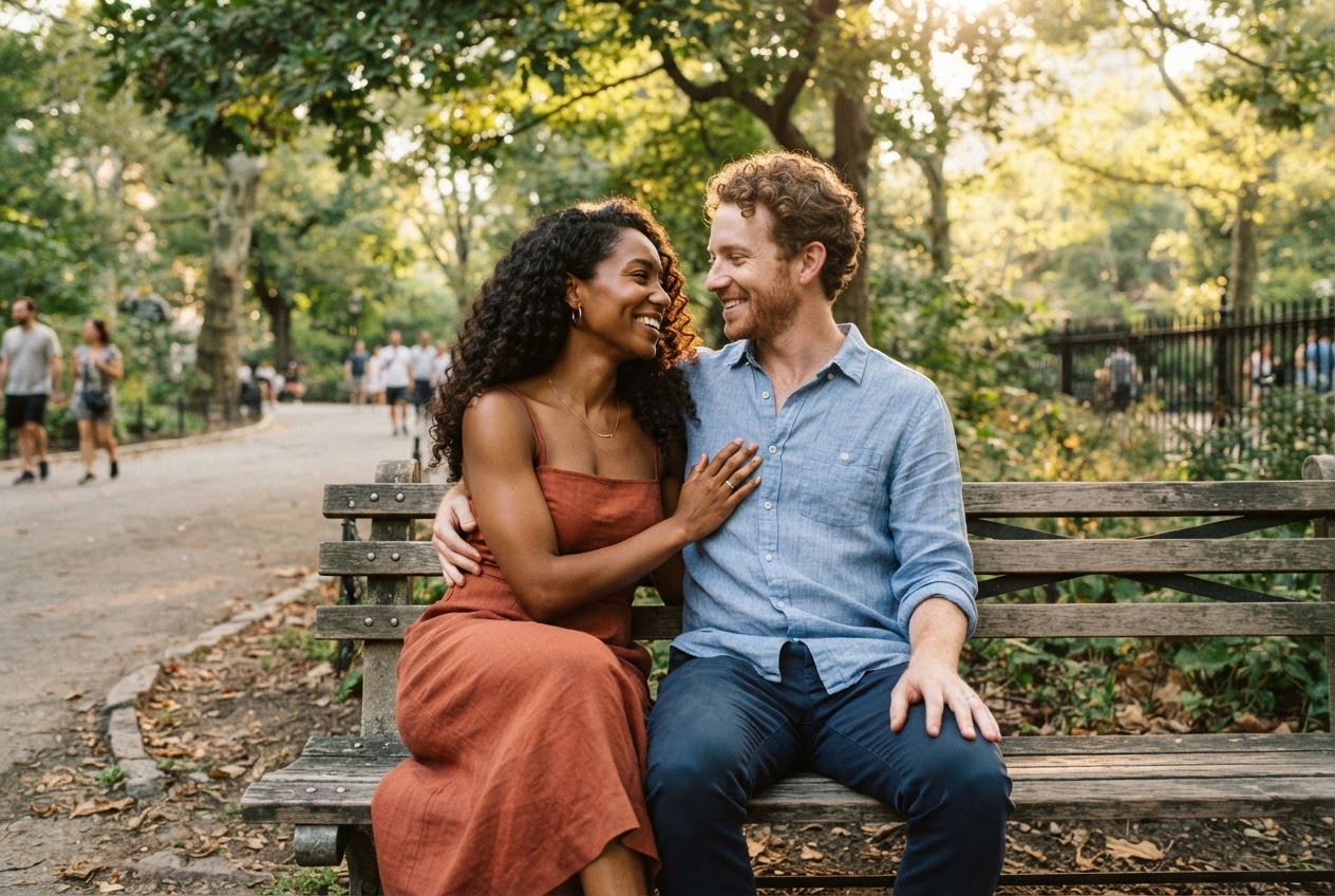 Adaeze leaning into Julian's shoulder as they sit together on a wooden park bench under big leafy trees