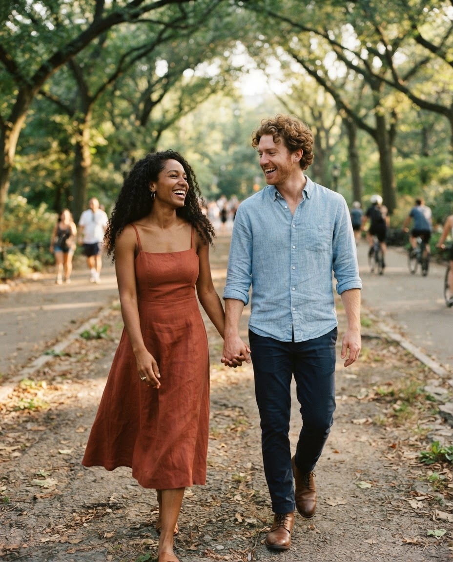 Adaeze and Julian walking hand in hand down a tree-canopied park path, laughing