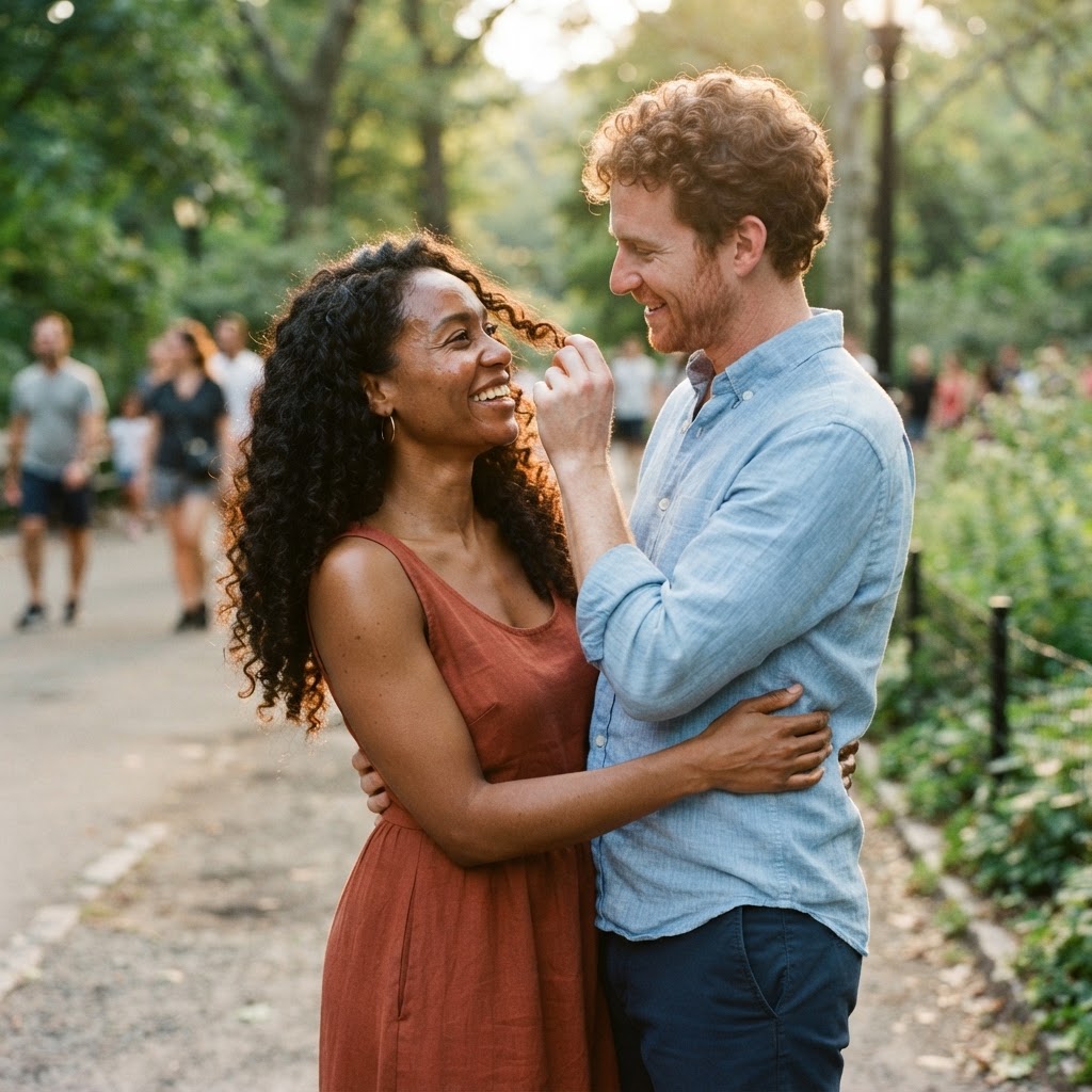 Julian brushing a curl from Adaeze's face as they share a close candid moment on a leafy Brooklyn park greenway