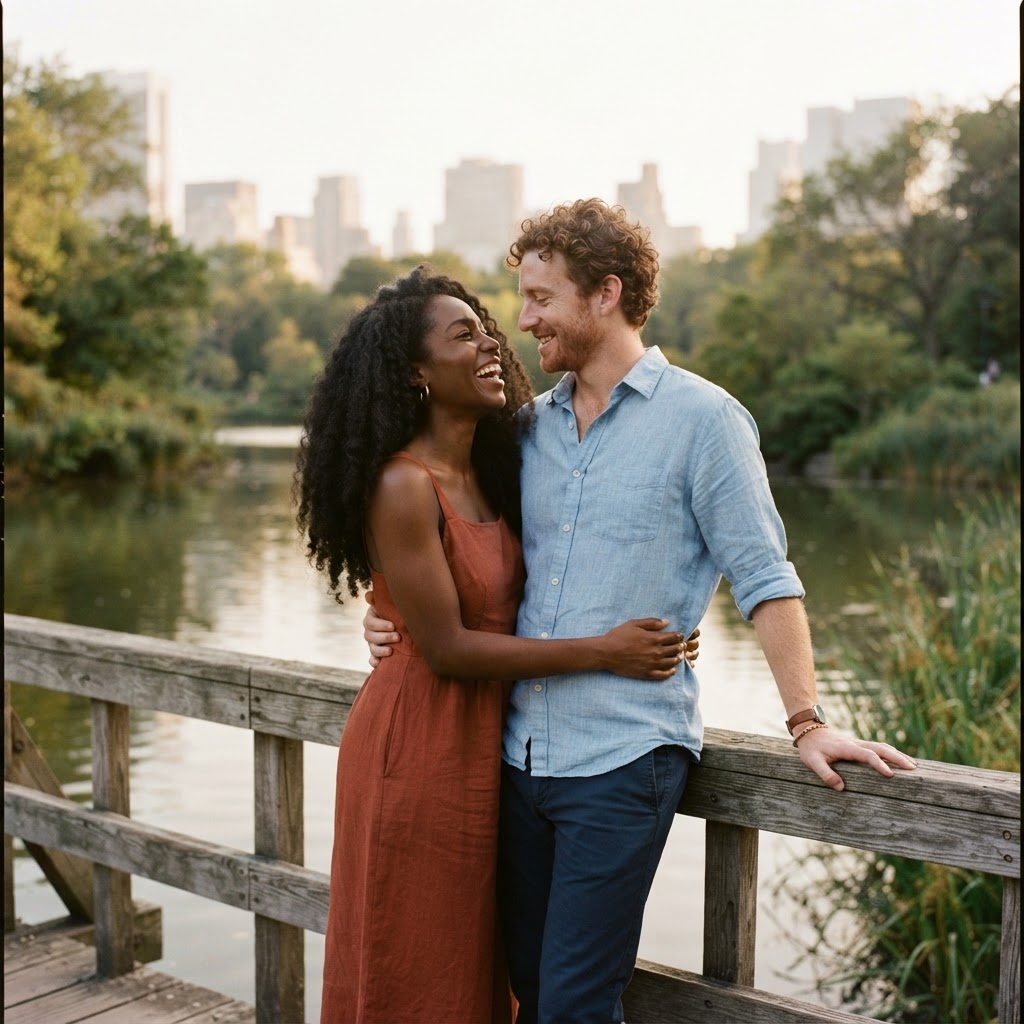 Adaeze and Julian leaning on a footbridge railing over a pond, looking at each other with city buildings visible through the trees behind them