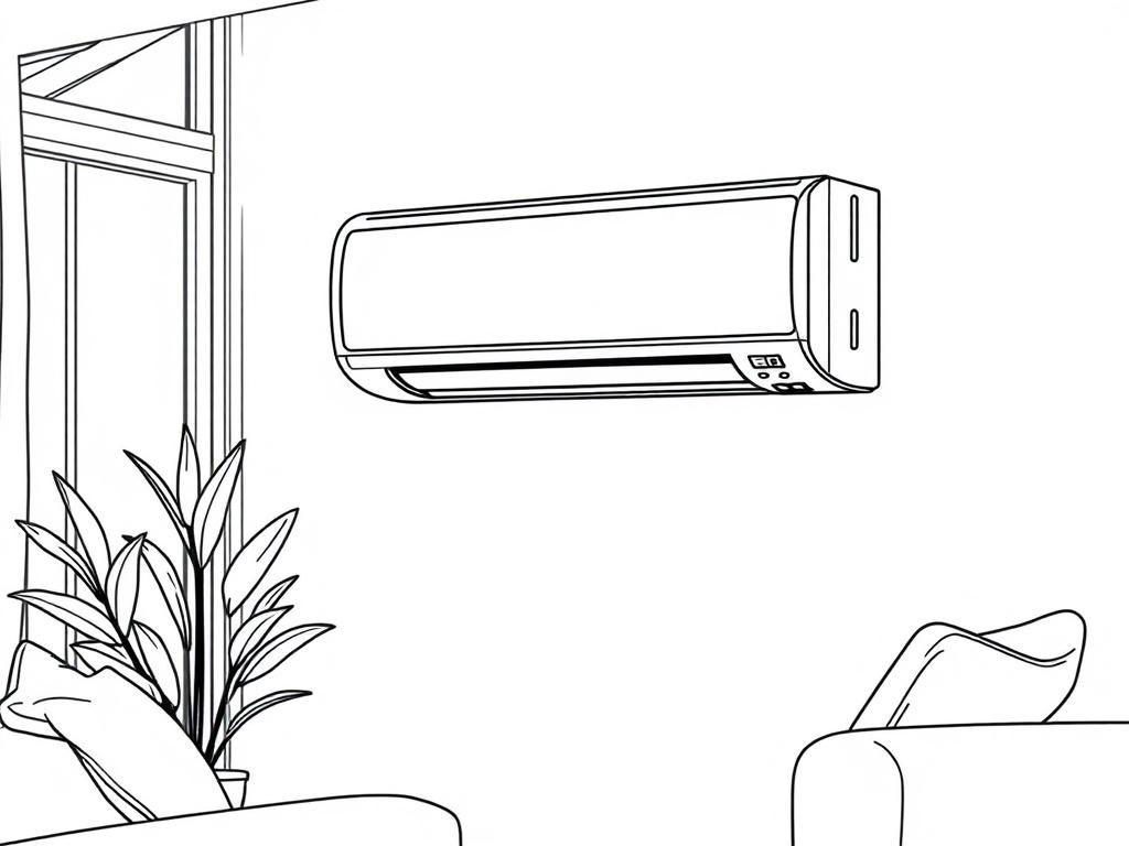A high-quality illustration of a modern air conditioning unit installed in a residential setting. The unit is sleek and energy-efficient, positioned on a wall in a cozy living room with warm colors and soft furnishings. The background features a window with sunlight streaming in, showcasing the cool and comfortable atmosphere created by the air conditioning. The composition should be simple, focusing on the air conditioning unit as the main subject, rendered in crisp, solid black line drawing style.