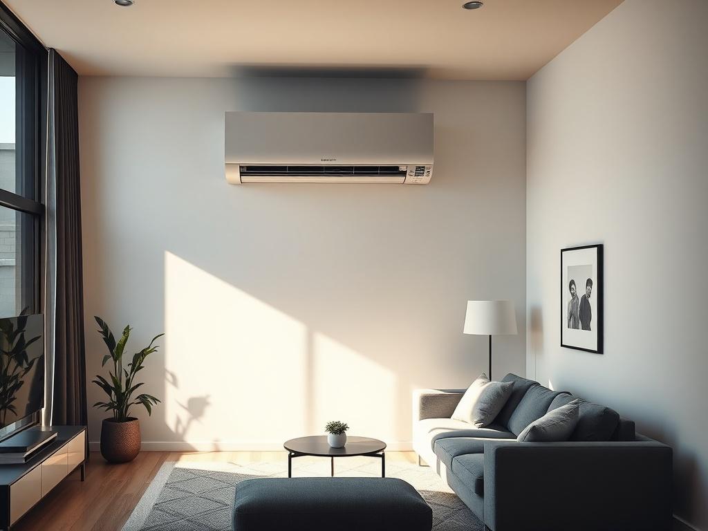 A high-resolution image depicting a modern split system air conditioning unit installed in a stylish, contemporary living room. The unit should be mounted high on a white wall, with sunlight streaming through a large window, creating a warm and inviting atmosphere. The furniture should be minimalist, with a cozy couch and a small coffee table, emphasizing a clean and comfortable environment. The overall composition should highlight the sleek design of the air conditioning unit against the backdrop of the mo