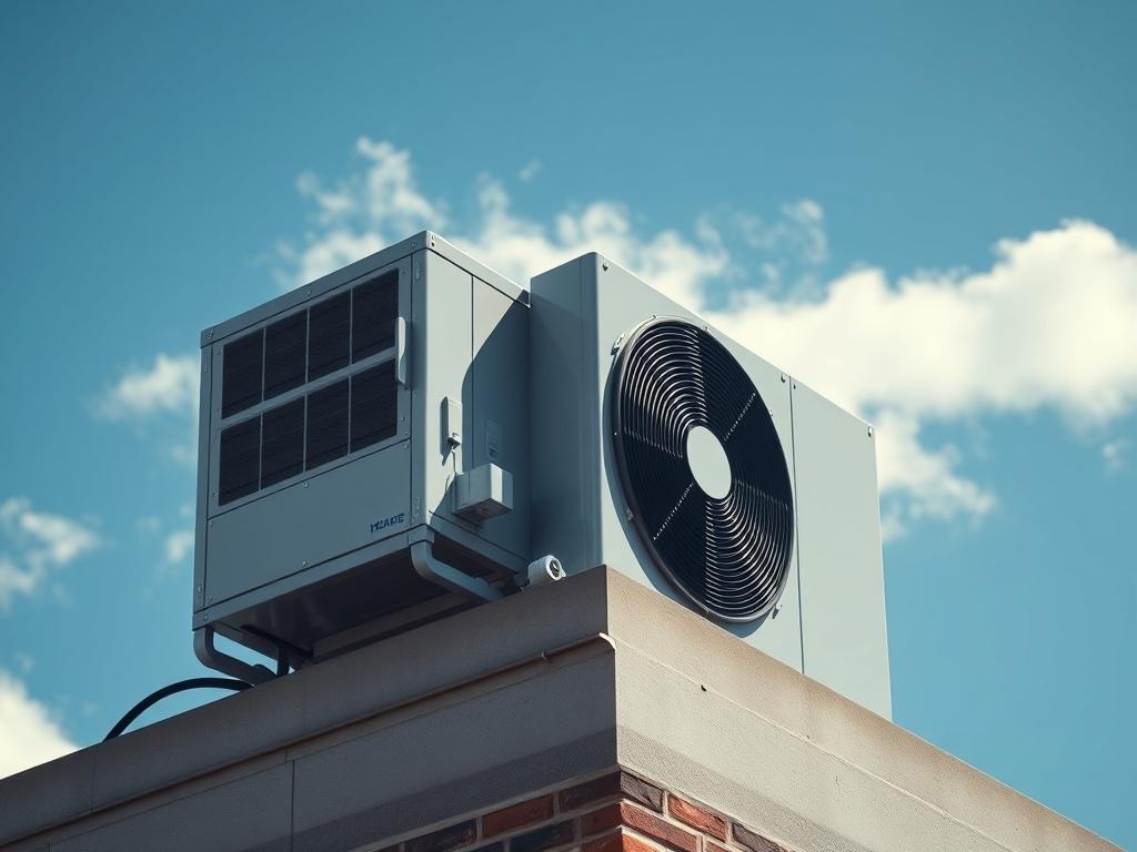 A realistic high-resolution close-up shot of a rooftop unit installed on a commercial building, showcasing its sleek design and robust features. The background should display a clear blue sky with a few clouds, emphasizing the unit's outdoor placement. The focus should be on the rooftop unit, highlighting its details and structure, with an emphasis on realism and clarity. The lighting should be bright and natural, capturing the essence of a sunny day.