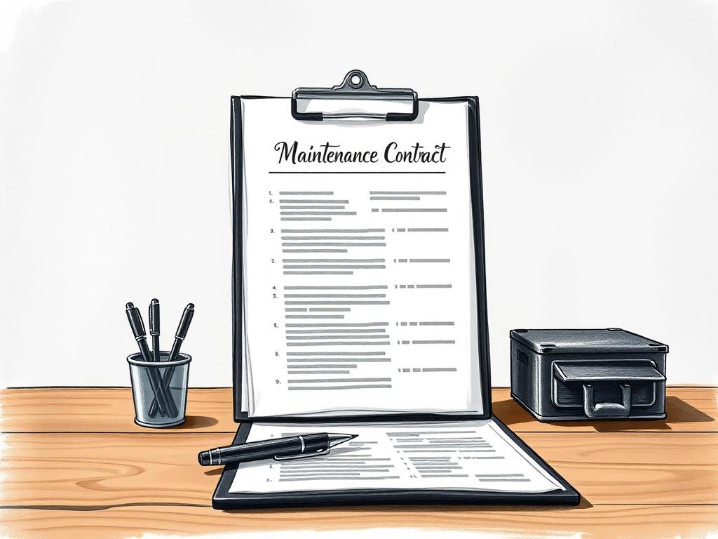 A high-quality illustration in charcoal style showcasing a maintenance contract document, prominently displayed on a wooden desk. The document should feature visible text such as 'Maintenance Contract' at the top, with a clipboard and a pen next to it. The background should be softly blurred to highlight the contract, creating a professional and inviting atmosphere.