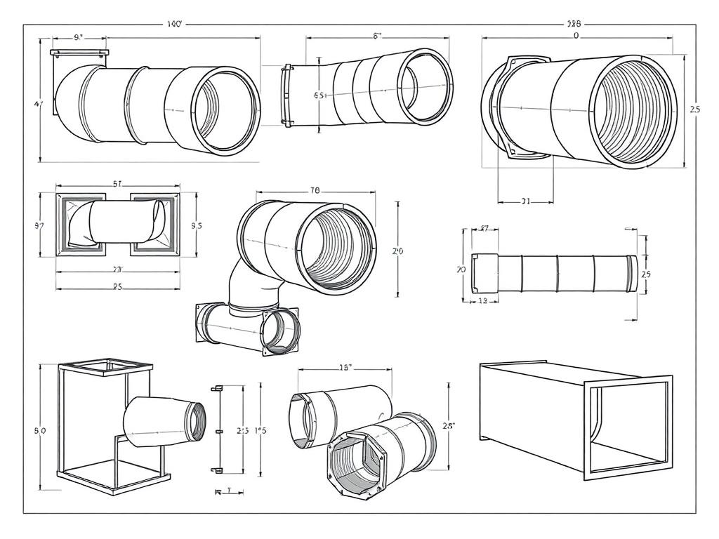 A high-quality illustration of a ductwork shop drawing. The drawing should feature detailed blueprints of various duct shapes and sizes, showcasing clear dimensions and annotations. The layout should be organized and easy to read, emphasizing the precision and technical nature of mechanical contracting. The background should be simple and white to enhance clarity, with a focus solely on the ductwork designs.