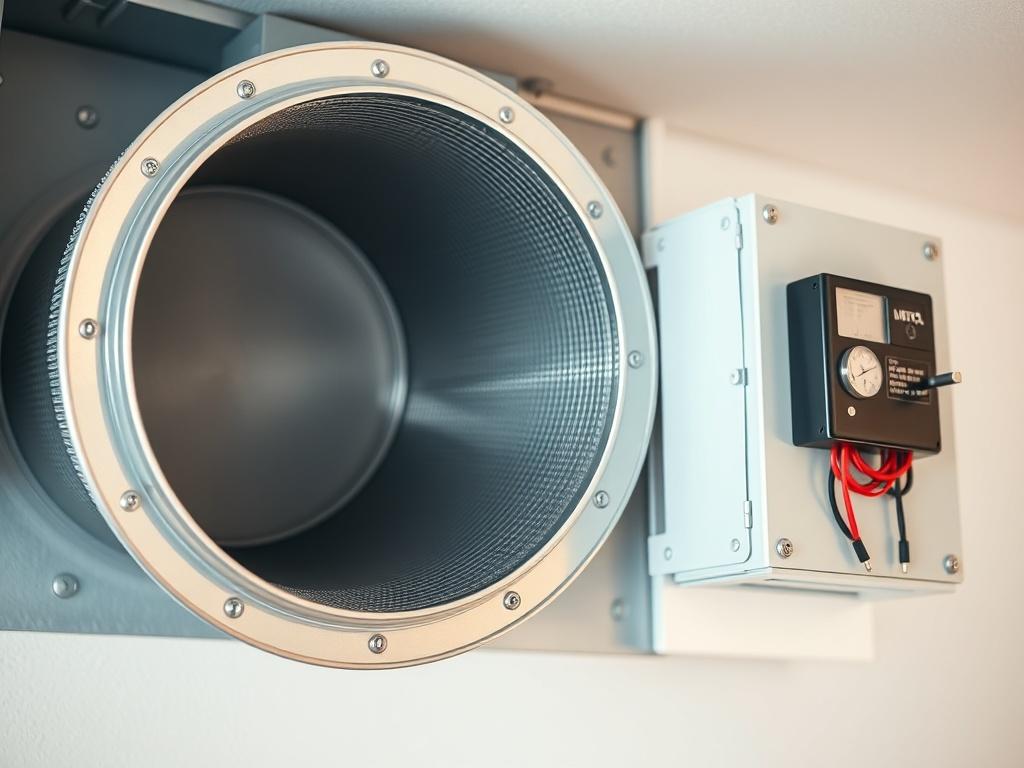 A close-up shot of a Variable Air Volume (VAV) box installation, showcasing the control box on the side. The image should highlight the round sheet metal duct entering the inlet section and the rectangular duct exiting the outlet section. The focus should be on the intricate details of the control wiring and transformer. The background should be clean and minimalistic to emphasize the VAV box and its components, with a realistic high-resolution quality.