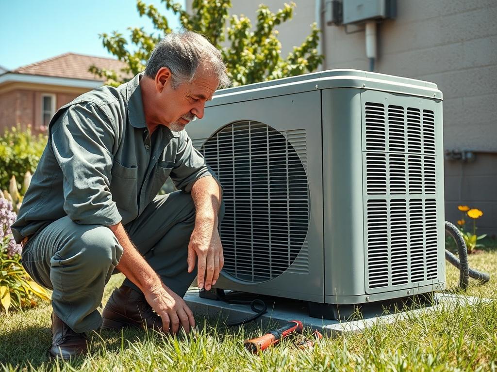 Create a hyper-realistic, high-resolution image that illustrates the concept of an air conditioning technician conducting a repair in a residential setting. The composition should be simple and focused on a single technician, a middle-aged man with a thoughtful expression, crouched down beside an air conditioning unit, visibly inspecting the equipment. The background should depict a well-maintained, sunny yard with a few flowers and a tree, evoking a sense of home. Ensure that the lighting reflects a clear,