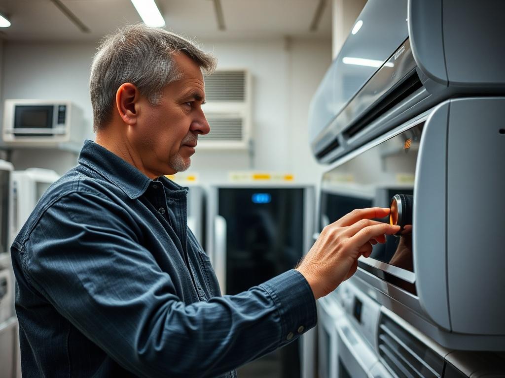 Create a highly realistic, high-resolution image that captures the experience of shopping for a new air conditioner. The composition should be simple and clear, featuring a single subject: a person examining a sleek, modern air conditioning unit in a well-lit appliance store. The subject should be a middle-aged, casually dressed individual, showcasing an expression of contemplation and interest. 

The background should consist of a clean, organized showroom with several models of air conditioners displayed 