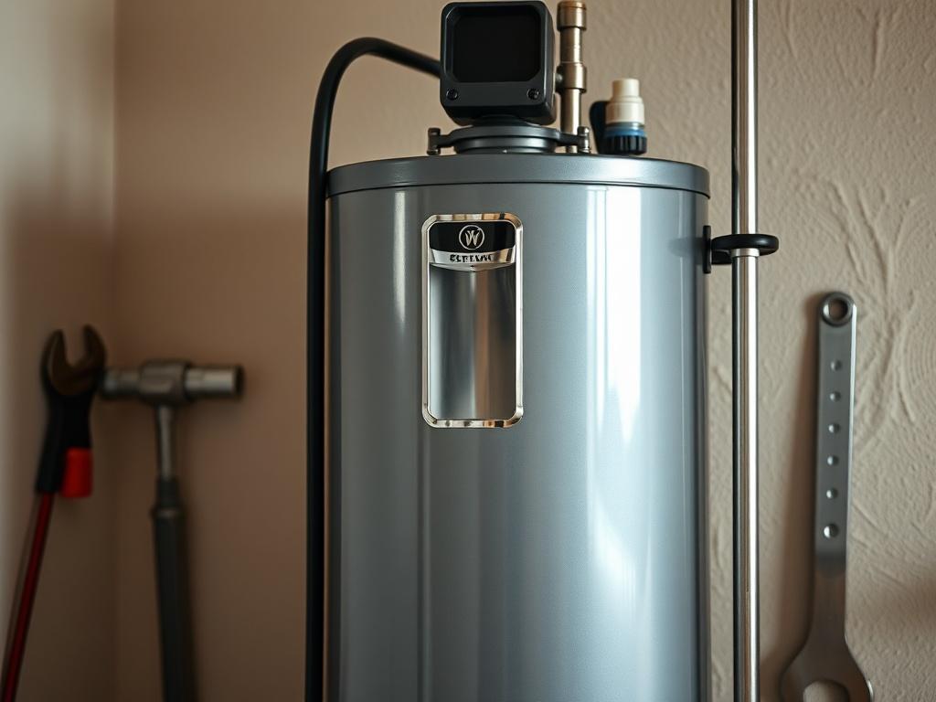 Create a highly realistic high-resolution photo featuring a close-up of a water heater in a clean and organized utility room. The focus should be on the water heater itself, showcasing its metallic surface and mechanical components, with soft lighting that emphasizes the textures and details. The background should be simple and uncluttered, featuring a neutral-colored wall and a few plumbing tools or maintenance items like a wrench and a screwdriver neatly arranged nearby, suggesting a well-maintained space