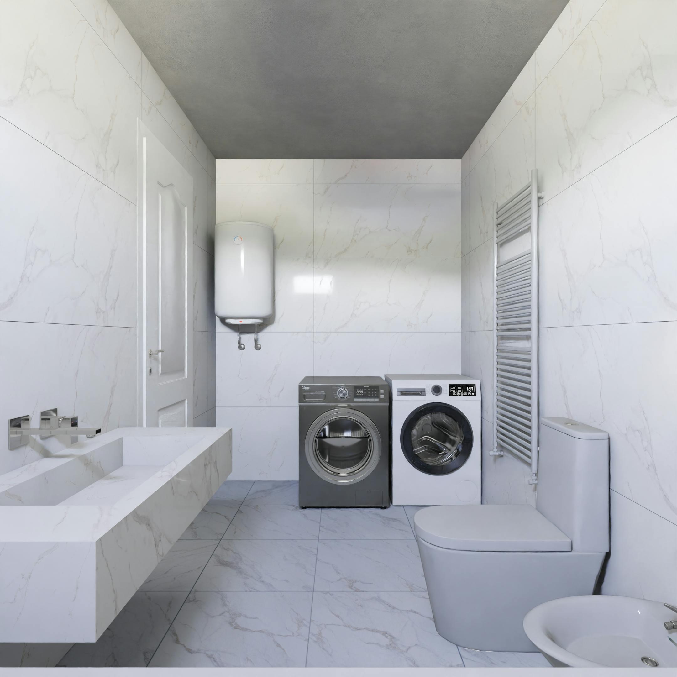 Sleek bathroom with washing machine and dryer, showcasing minimalist marble design.