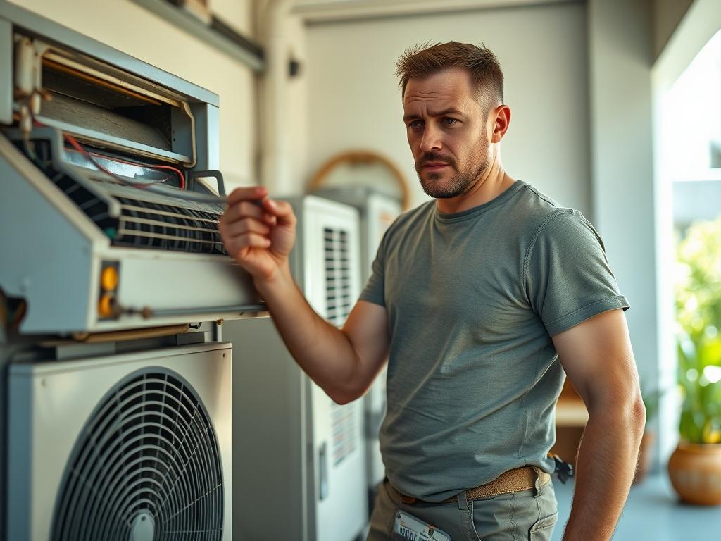**Prompt for AI Image Generation:**

Create a realistic high-resolution photo of a sweaty man fixing an air conditioner. The man should appear focused and determined, with beads of sweat visible on his forehead and brow, indicating he is working hard in a warm environment. He is wearing a simple, fitted t-shirt and rugged work shorts, with tools visible in his belt. The air conditioner unit, slightly tilted for perspective, should be an older model that is partially disassembled, showcasing wires and compon