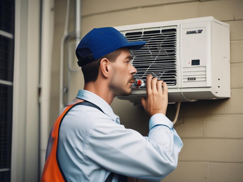 Create a realistic, high-resolution photo focused on a single HVAC technician inspecting a residential air conditioning unit. The technician should be portrayed in detailed work attire, including a uniform with a logo, safety glasses, and gloves, actively examining the unit with a wrench in hand. 

The background should showcase a well-maintained backyard setting, featuring a clear blue sky and lush green foliage, to highlight a comfortable home environment. The focus should be on the technician as the subj