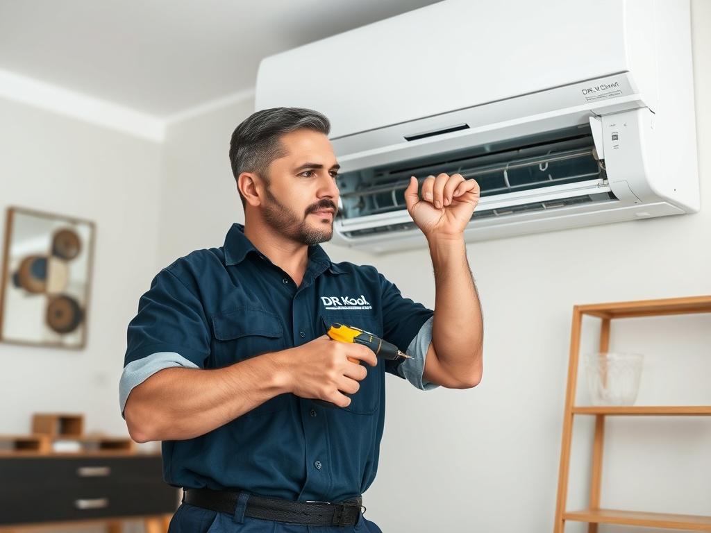 Create a highly realistic, high-resolution photo that captures the essence of a professional mini-split installation process as described in the blog titled "How DR Kool HVAC Ensures a Smooth Mini-Split Installation Process." 

**Composition:** The image should have a clear and simple composition, focusing on a single subject positioned centrally. The subject should be a licensed HVAC technician actively installing a mini-split system in a modern residential setting. 

**Subject Matter:** The technician sho